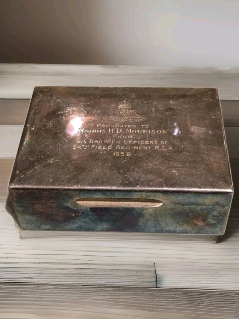 1958 Birks Presentation Silv. Box Major H.D. Morrison 34th Field Regiment R.C.A.